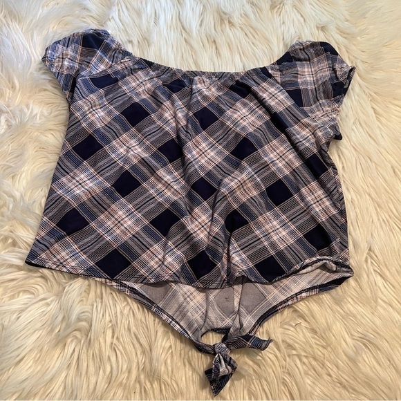 No Comment Off Shoulder Top Navy Plaid - Picture 7 of 11